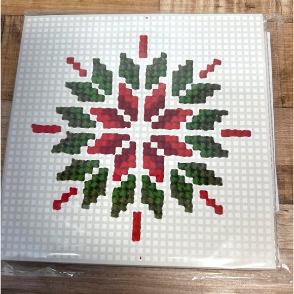 Christmas Cross Stitch Canvas Kit With Red & Green Yarn And Snowflake Pattern - Picture 1 of 2
